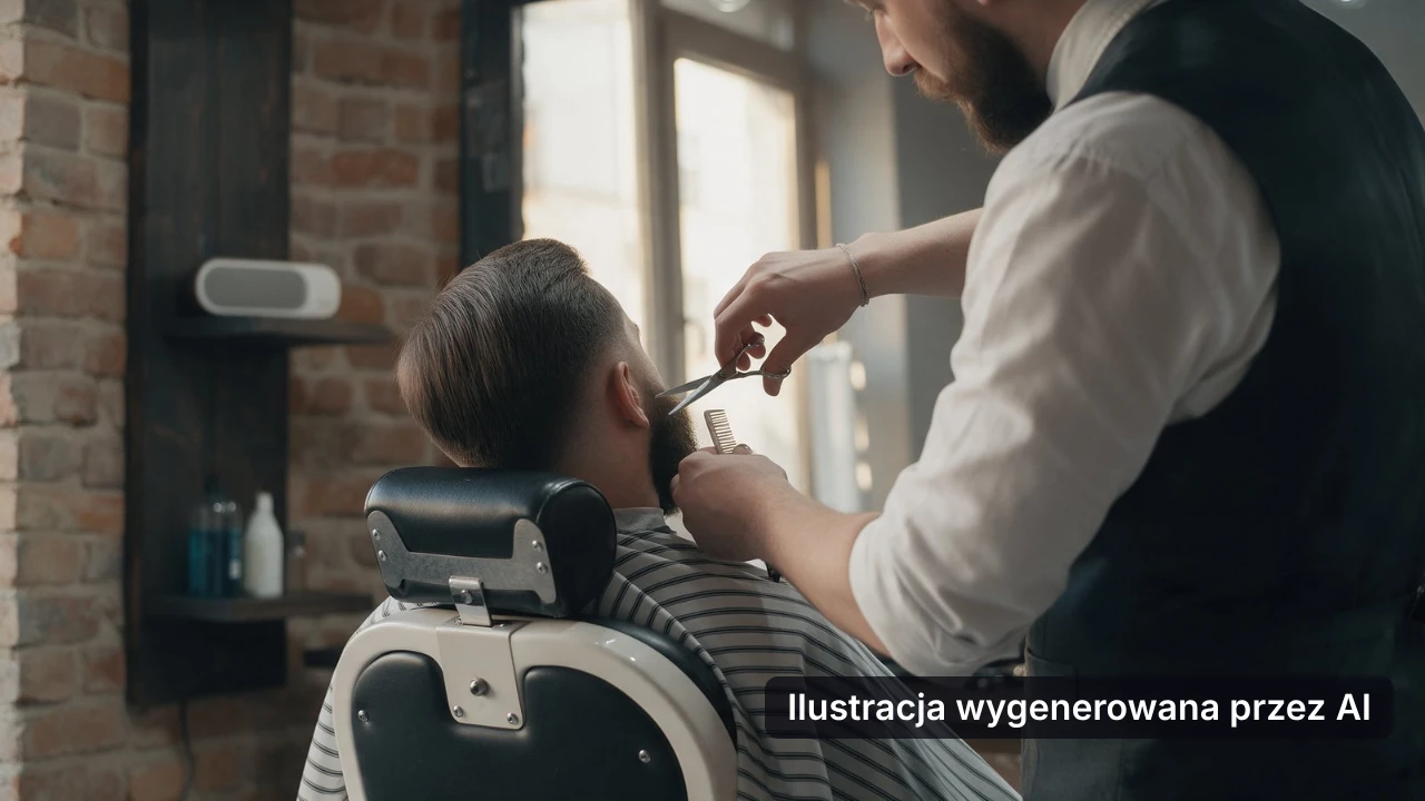 Barber przy pracy w małym barber shopie, w tle muzyka do barber shopu z głośnika na półce